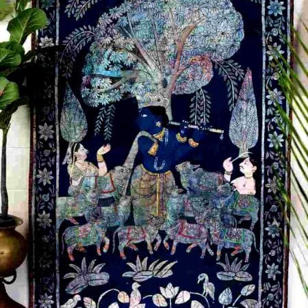 Hand Painted Lord Krishna Golconda Art Cloth Pichwai Painting for Decoration
