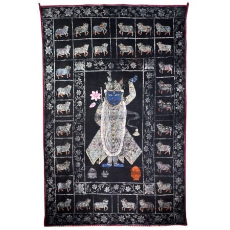 Vintage Cloth Pichwai Painting of Lord Krishna in Golconda Art for Prayer Room