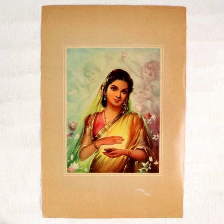 Vintage Oleograph Paper Print of Lady Holding Oil Lamp