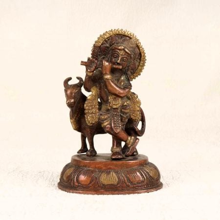 Handmade Brass Lord Krishna Statue with Cow for Prayer Room
