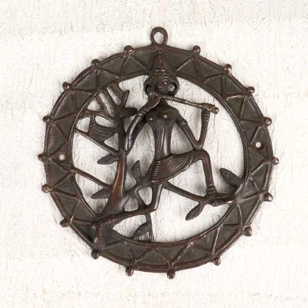 Finest Brass Tribal Art Radha Plate in Dark Finish for Wall Hanging