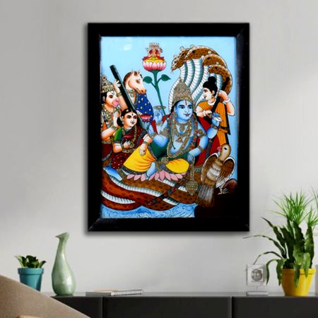 Lord Vishnu Hand-Painted Glass Painting for Prayer Room