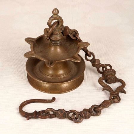 Northern Indian Hanging Brass Oil Lamp with Chain for Prayer Room