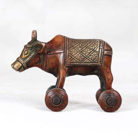 Handcrafted Brown Finish Bull on Four Wheels Made of Brass