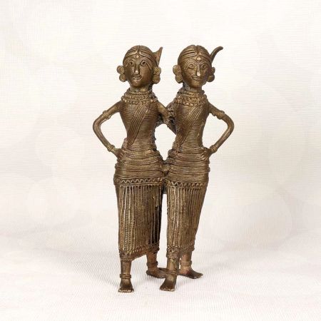 Handmade Bengali Art Brass Two Lady Statue for Home Decor