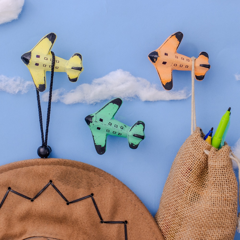 Modern Multicolor Aeroplane Metal Wall Hooks-3 Pieces