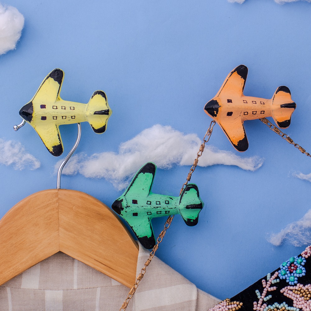 Modern Multicolor Aeroplane Metal Wall Hooks-3 Pieces