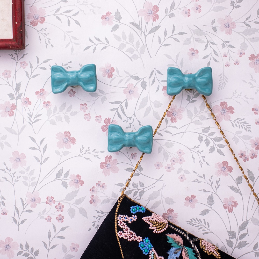 Turquoise Green Ceramic Bow Modern Wall Hook-Pack of 3