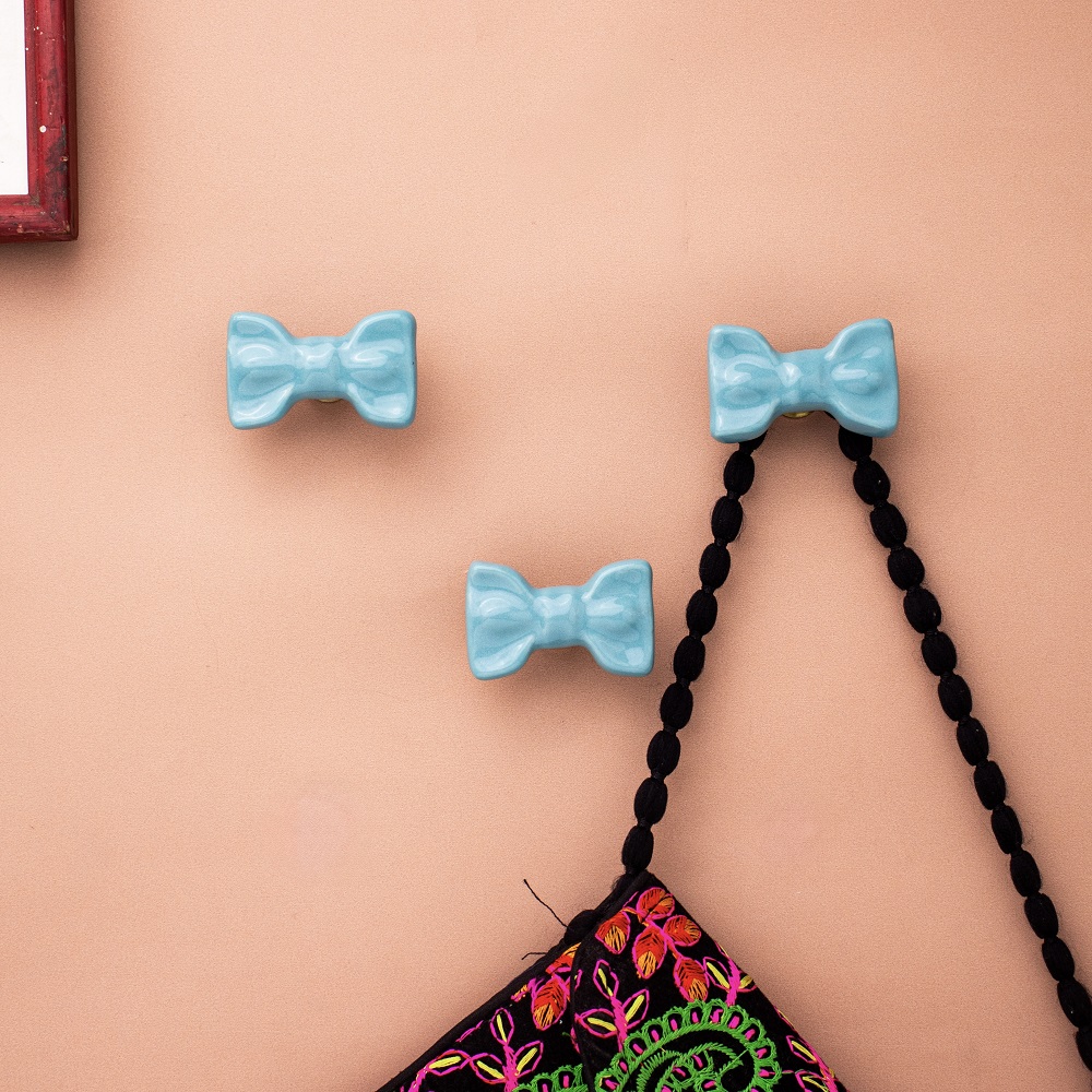 Turquoise Green Ceramic Bow Modern Wall Hook-Pack of 3