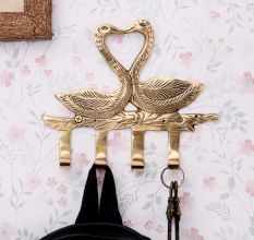 Handmade Two Brass Swan with 4 Hooks Crafted Key Holder