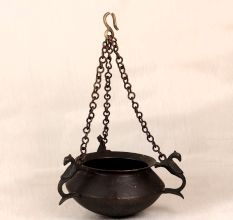 Engraved Vintage Brass Hanging Pot with Chain for Flower Decor