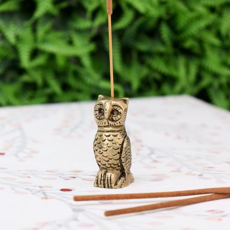 Antique Golden Brass Standing Owl Incense Stick Holder