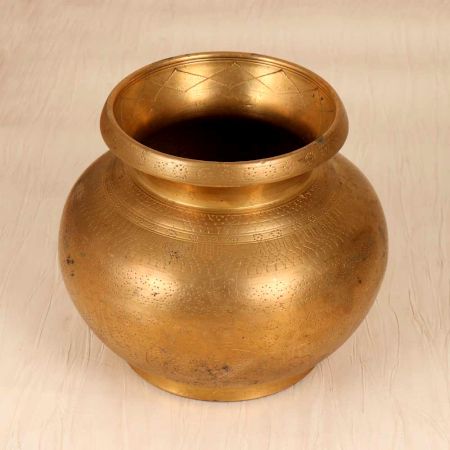 Engraved Brown Finish Brass Holy Water Pot for Decoration