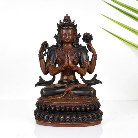 Handcrafted Copper Statue of Buddhist Deity Chenrezig for Prayer Room