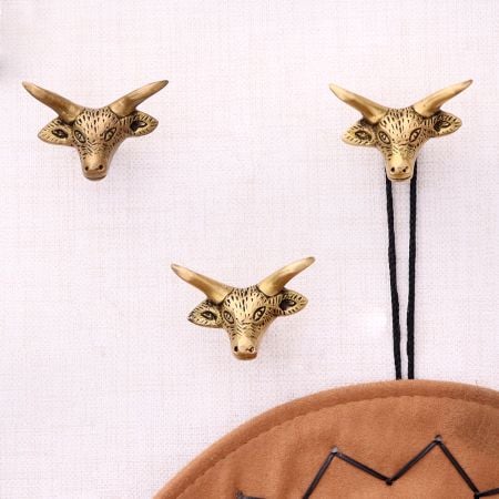Brass Steer Head With Horns Wall Mounted Coat Hooks- Pack of 3