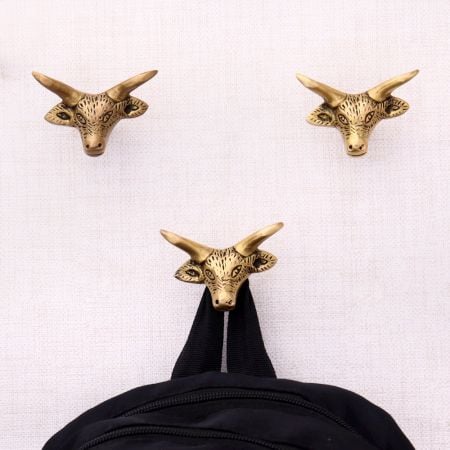 Brass Steer Head With Horns Wall Mounted Coat Hooks- Pack of 3