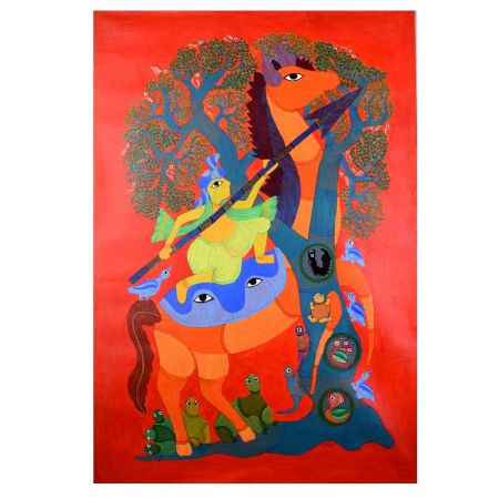 Hand-Painted Traditional Gond Art Paper Painting by Padma Shri Durgabai Vyam