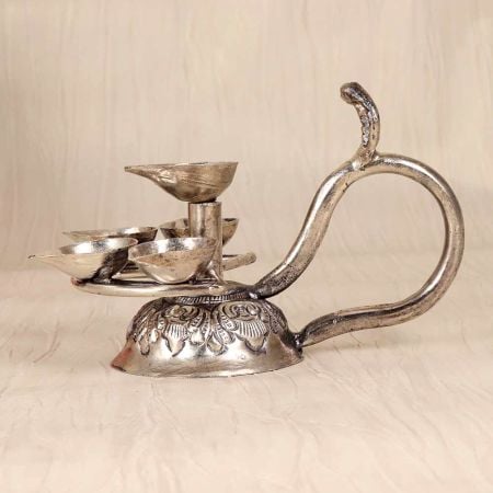 Silver Finish Brass Aarti Oil Lamp with Cobra Handle for Prayer Room