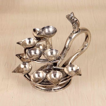 Handcrafted Nickel Plated Brass Aarti Oil Lamp for Prayer Room