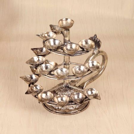 Traditional Indian Brass Aarti Oil Lamp in Silver Finish for Decor