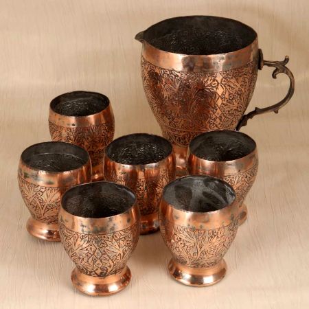 Handmade Engraved Copper Jug and Glass Set for Home Decor