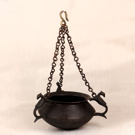 Engraved Vintage Brass Hanging Pot with Chain for Flower Decor