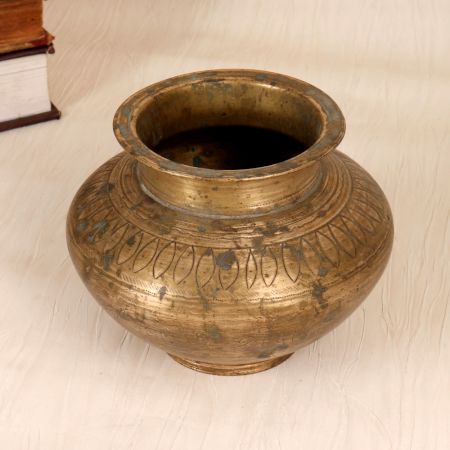 Engraved Gujarati Brass Holy Water Pot in Brown Finish for Decor
