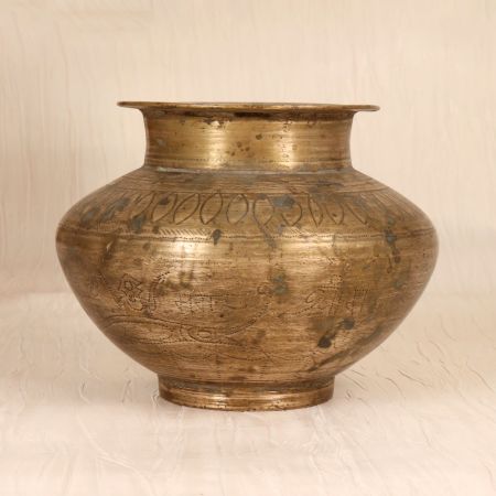 Engraved Gujarati Brass Holy Water Pot in Brown Finish for Decor