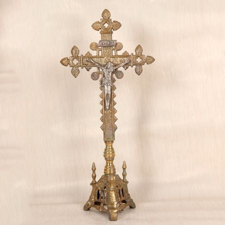 Handmade Vintage Brass Church Altar Cross with Silver Corpus