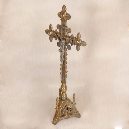 Handmade Vintage Brass Church Altar Cross with Silver Corpus