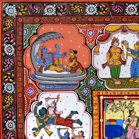 Lord Krishna's Life Pattachitra Cloth Paper Painting for Decoration