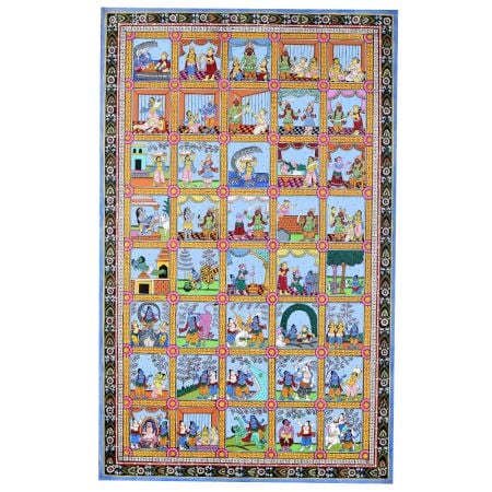 Lord Krishna's Life Pattachitra Painting on Cloth Paper for Prayer Room
