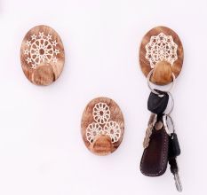 Brown White Wooden No Damage Wall Adhesive Hooks-Pack of 3