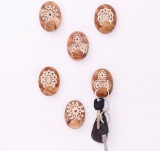 Brown White Wooden No Damage Wall Adhesive Hooks-Pack of 6