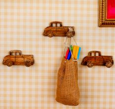 Natural Wooden Adhesive Car Design Wall Hooks-3 Pieces