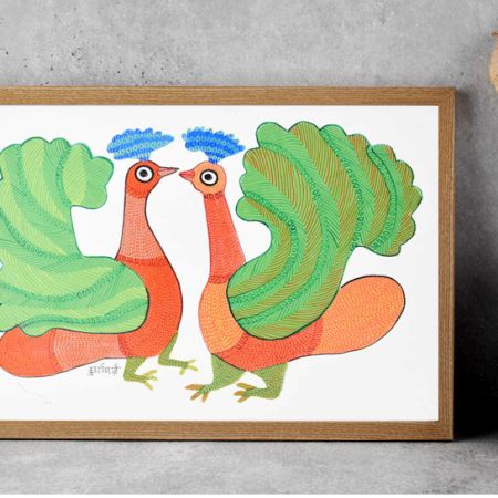 Gond Art Acrylic Painting of Peacock by Padma Shri Durgabai Vyam