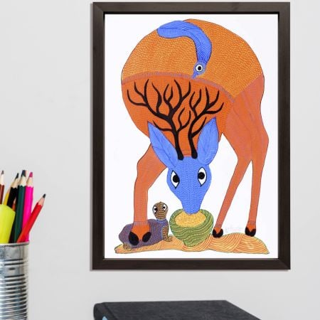 Gond Art Acrylic Paper Painting of Swamp Deer for Decoration