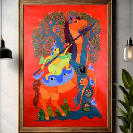 Hand-Painted Traditional Gond Art Paper Painting by Padma Shri Durgabai Vyam