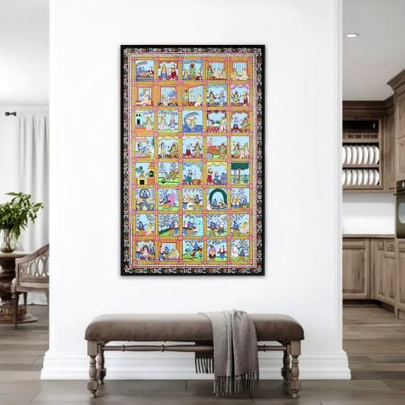 Lord Krishna's Life Pattachitra Painting on Cloth Paper for Prayer Room