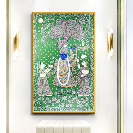 Beautiful Lord Krishna Cloth Pichwai Painting for Prayer Room