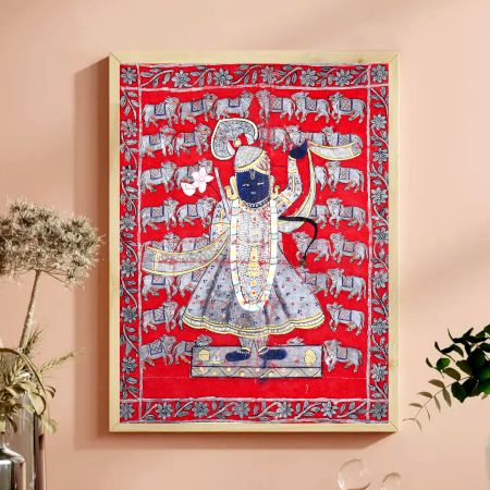 Lord Krishna Cloth Pichwai Painting in Golconda Art for Decoration