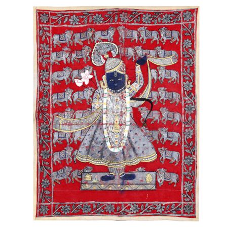 Lord Krishna Cloth Pichwai Painting in Golconda Art for Decoration