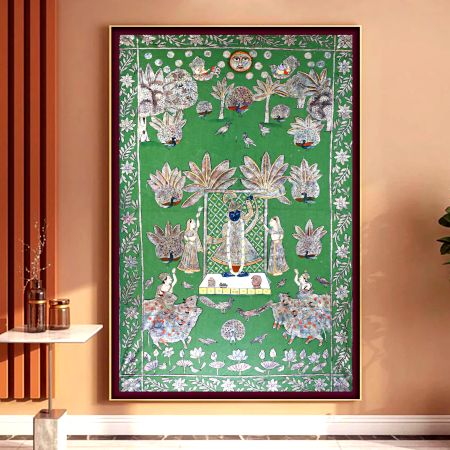 Hand-Painted Lord Krishna Pichwai Golconda Artwork on Cloth for Decor