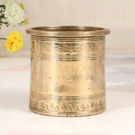 Beautiful Engraved Brass Panchpatra Pot for Hindu Rituals
