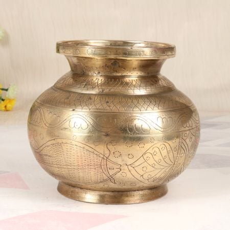 Engraved South Indian Art Brass Holy Water Pot for Rituals
