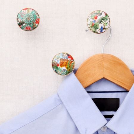 Tropical Multicolor Ceramic Wall Hook With Gold Work-3 Pieces