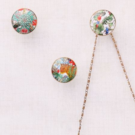 Tropical Multicolor Ceramic Wall Hook With Gold Work-3 Pieces