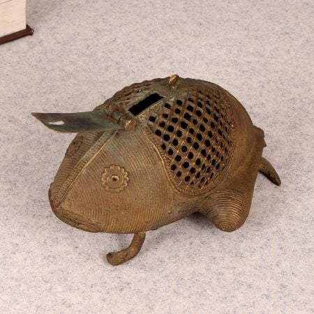 Handcrafted Vintage Brass Tribal Frog Statue with Jali Work