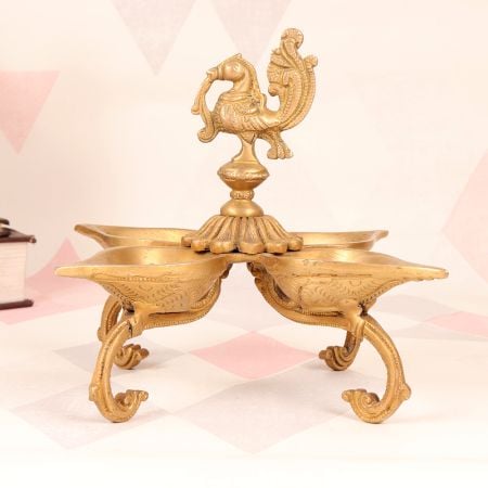 Handmade Golden Brass Peacock Oil Lamp for Prayer Room