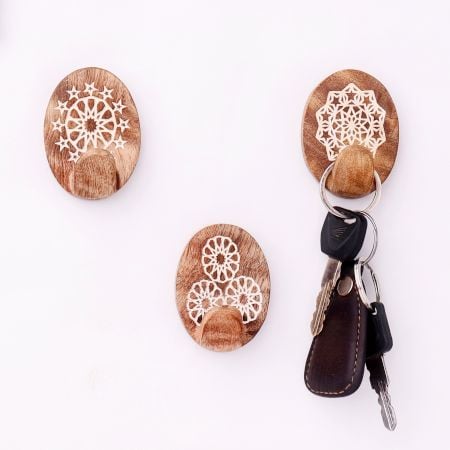 Brown White Wooden No Damage Wall Adhesive Hooks-Pack of 3